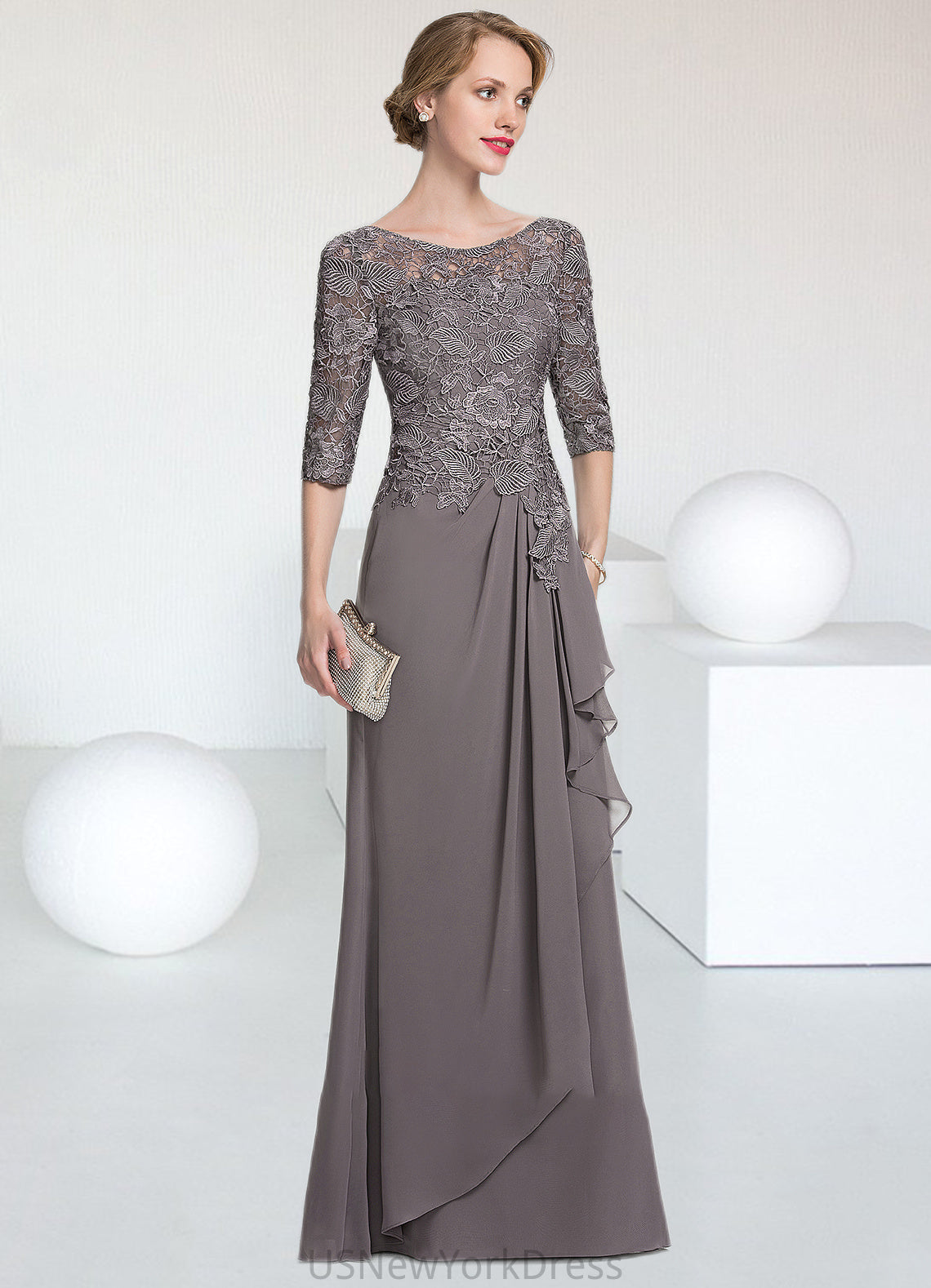 Natalya A-Line Scoop Neck Floor-Length Chiffon Lace Mother of the Bride Dress With Cascading Ruffles DJ126P0014608