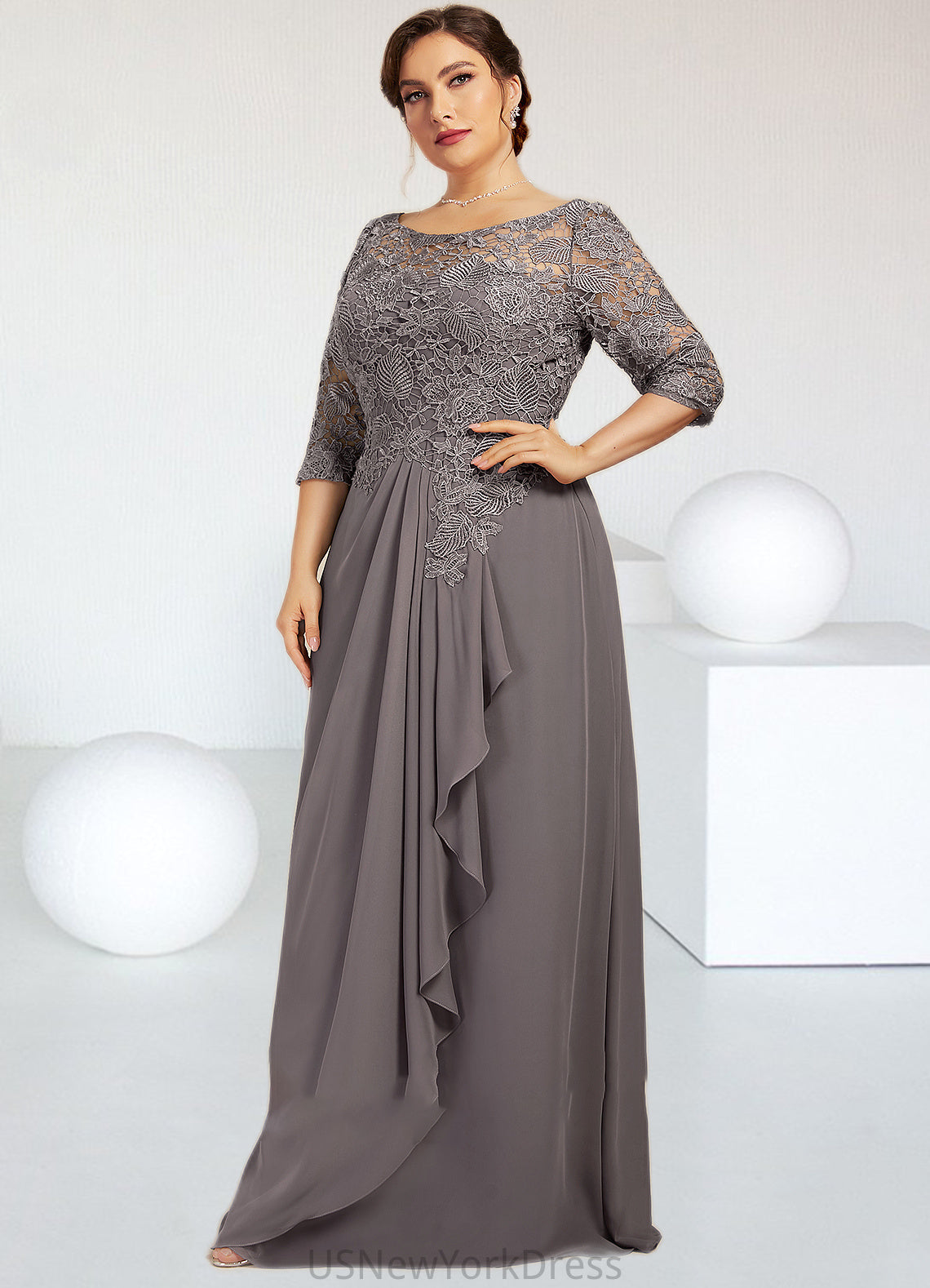 Natalya A-Line Scoop Neck Floor-Length Chiffon Lace Mother of the Bride Dress With Cascading Ruffles DJ126P0014608