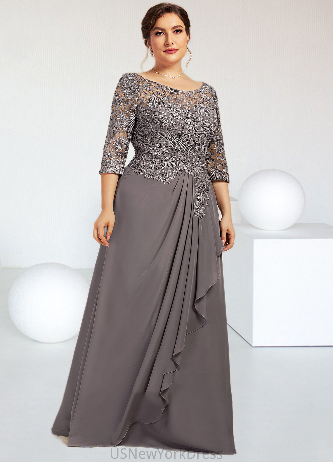 Natalya A-Line Scoop Neck Floor-Length Chiffon Lace Mother of the Bride Dress With Cascading Ruffles DJ126P0014608