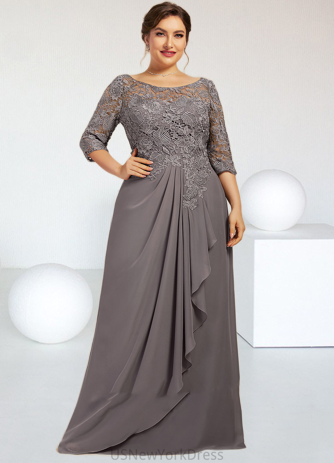 Natalya A-Line Scoop Neck Floor-Length Chiffon Lace Mother of the Bride Dress With Cascading Ruffles DJ126P0014608