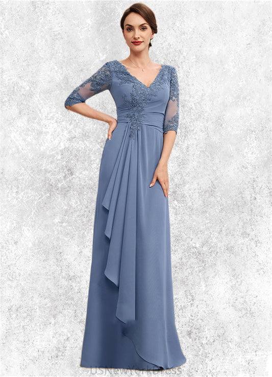 Jessie A-Line V-neck Floor-Length Chiffon Lace Mother of the Bride Dress With Cascading Ruffles DJ126P0014609