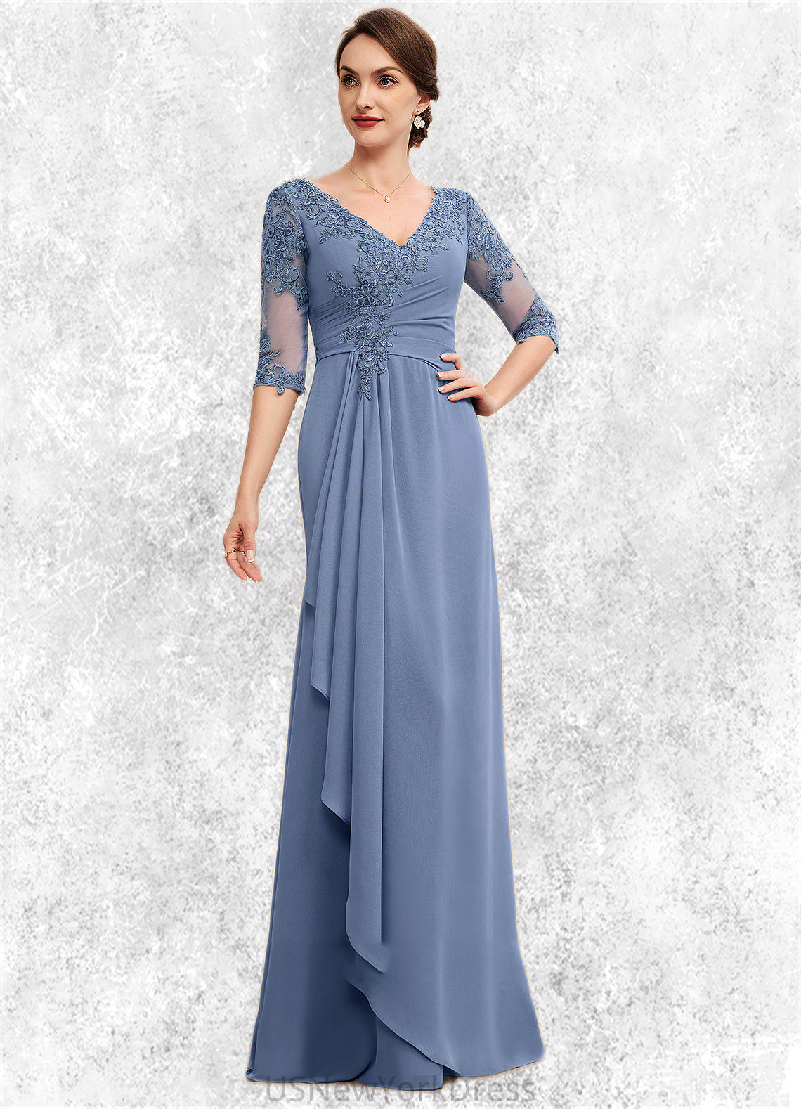 Jessie A-Line V-neck Floor-Length Chiffon Lace Mother of the Bride Dress With Cascading Ruffles DJ126P0014609