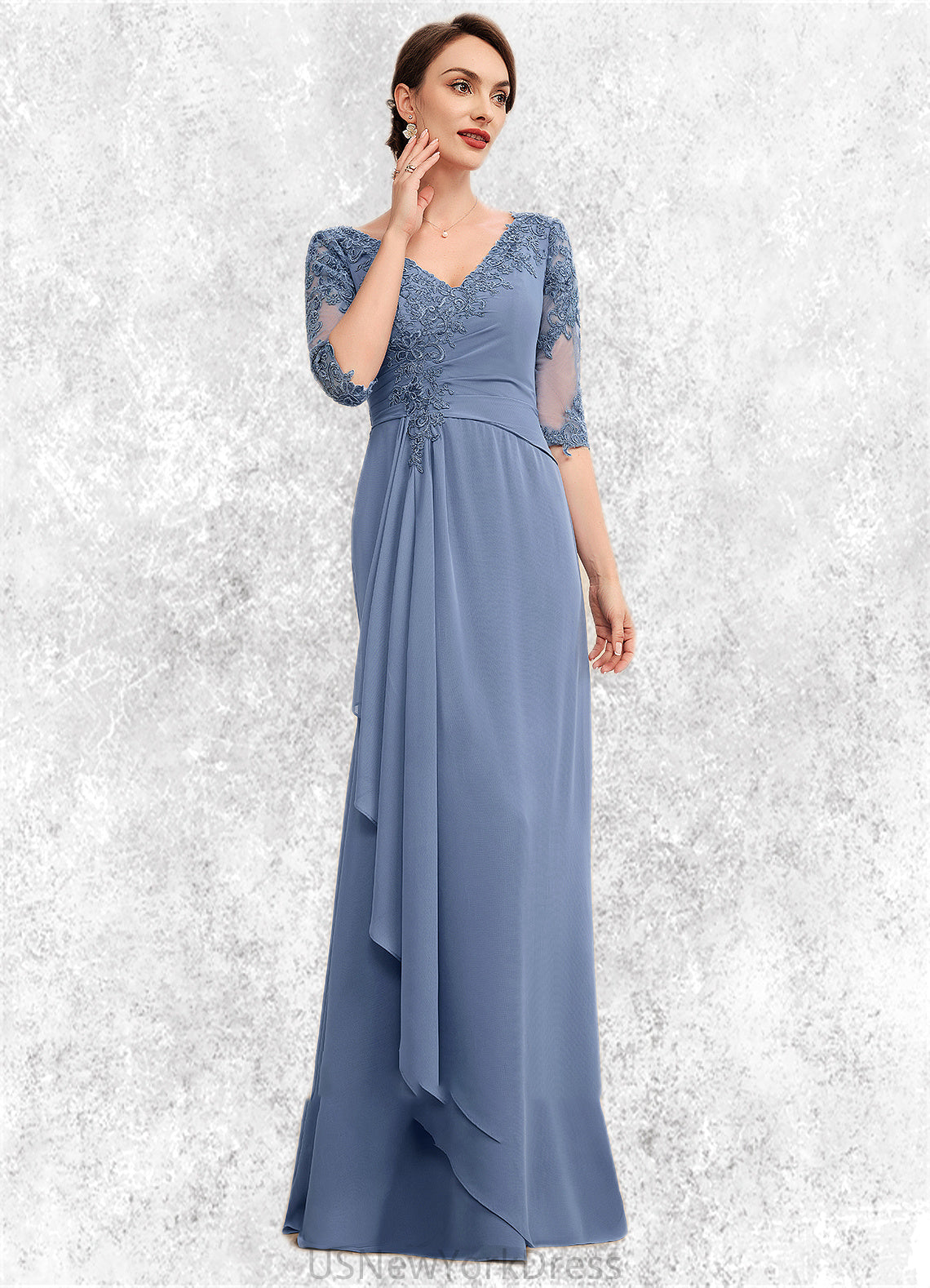 Jessie A-Line V-neck Floor-Length Chiffon Lace Mother of the Bride Dress With Cascading Ruffles DJ126P0014609