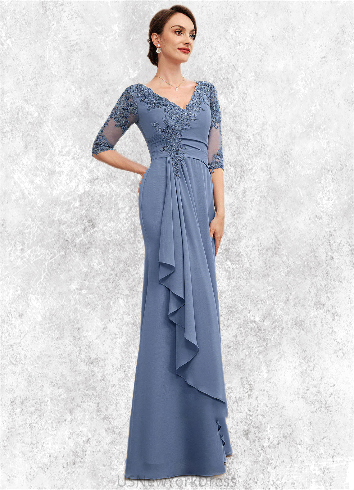 Jessie A-Line V-neck Floor-Length Chiffon Lace Mother of the Bride Dress With Cascading Ruffles DJ126P0014609