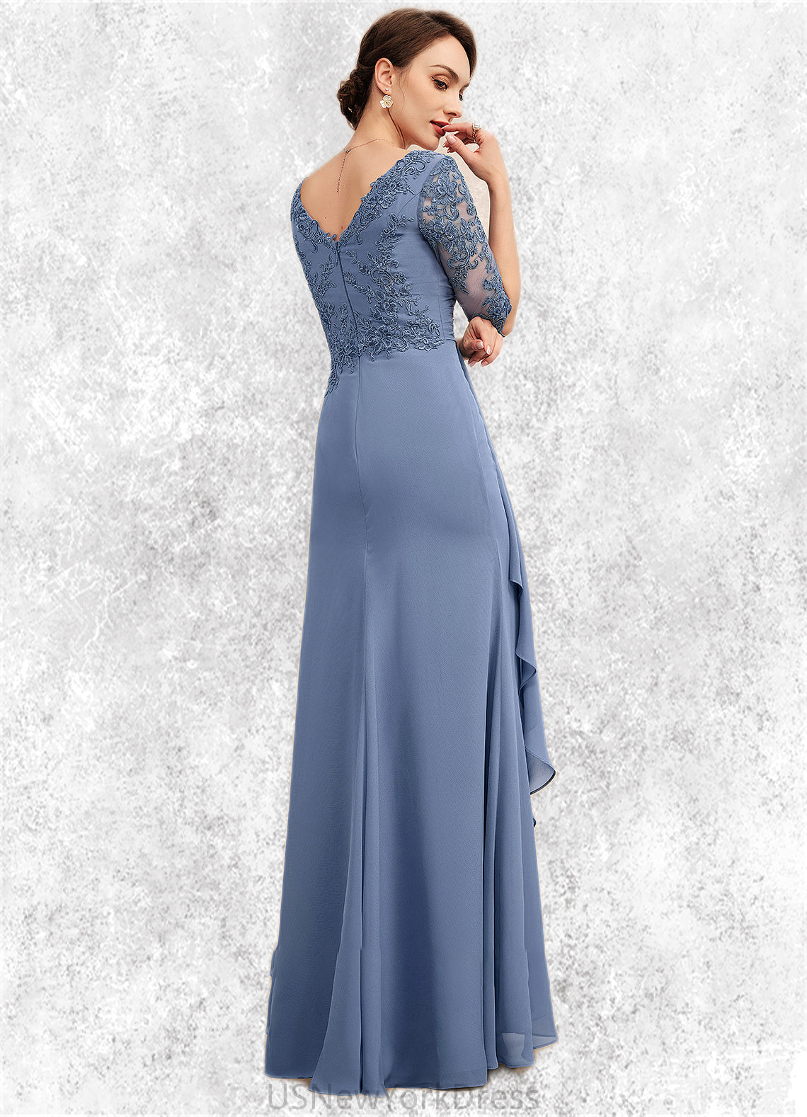 Jessie A-Line V-neck Floor-Length Chiffon Lace Mother of the Bride Dress With Cascading Ruffles DJ126P0014609