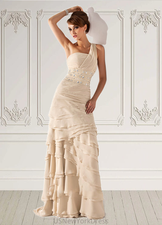 Ruby A-Line One-Shoulder Sweep Train Chiffon Mother of the Bride Dress With Beading Cascading Ruffles DJ126P0014610