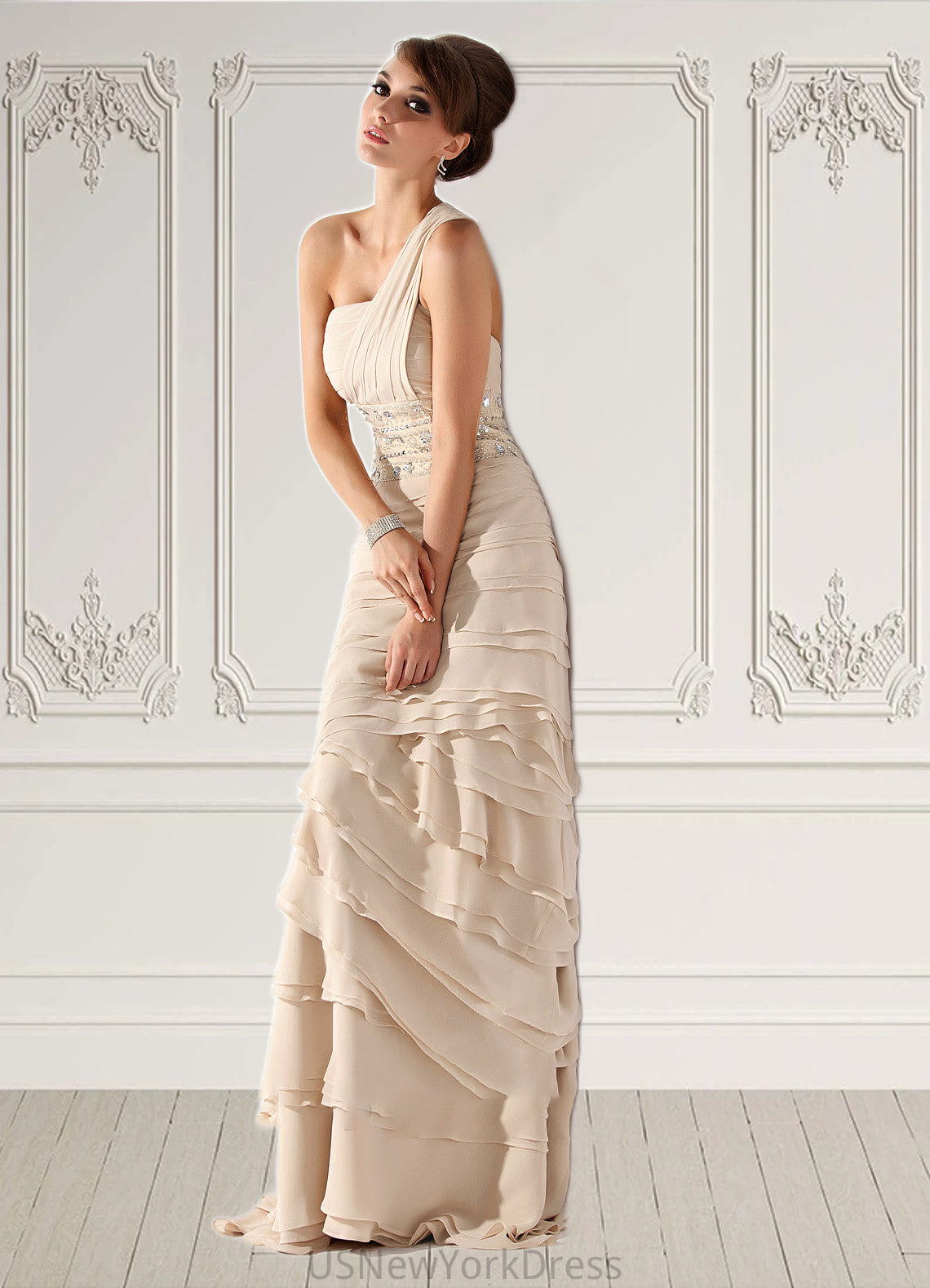 Ruby A-Line One-Shoulder Sweep Train Chiffon Mother of the Bride Dress With Beading Cascading Ruffles DJ126P0014610