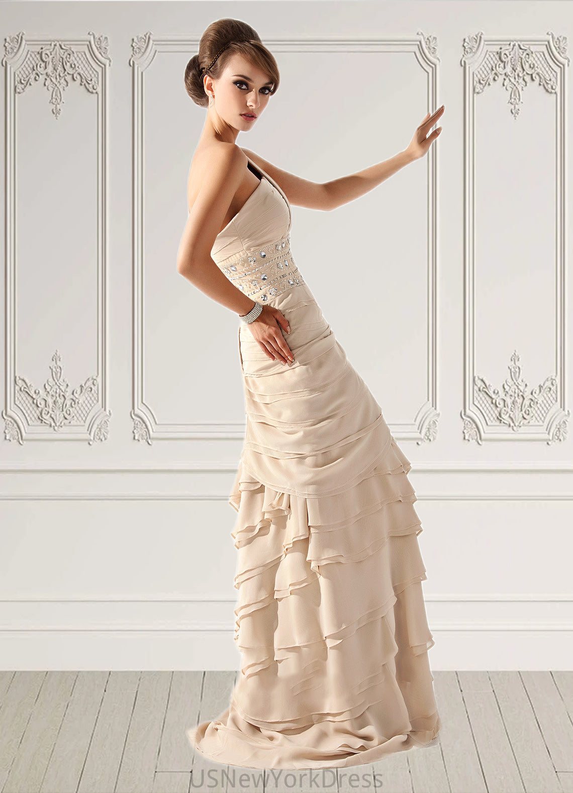 Ruby A-Line One-Shoulder Sweep Train Chiffon Mother of the Bride Dress With Beading Cascading Ruffles DJ126P0014610