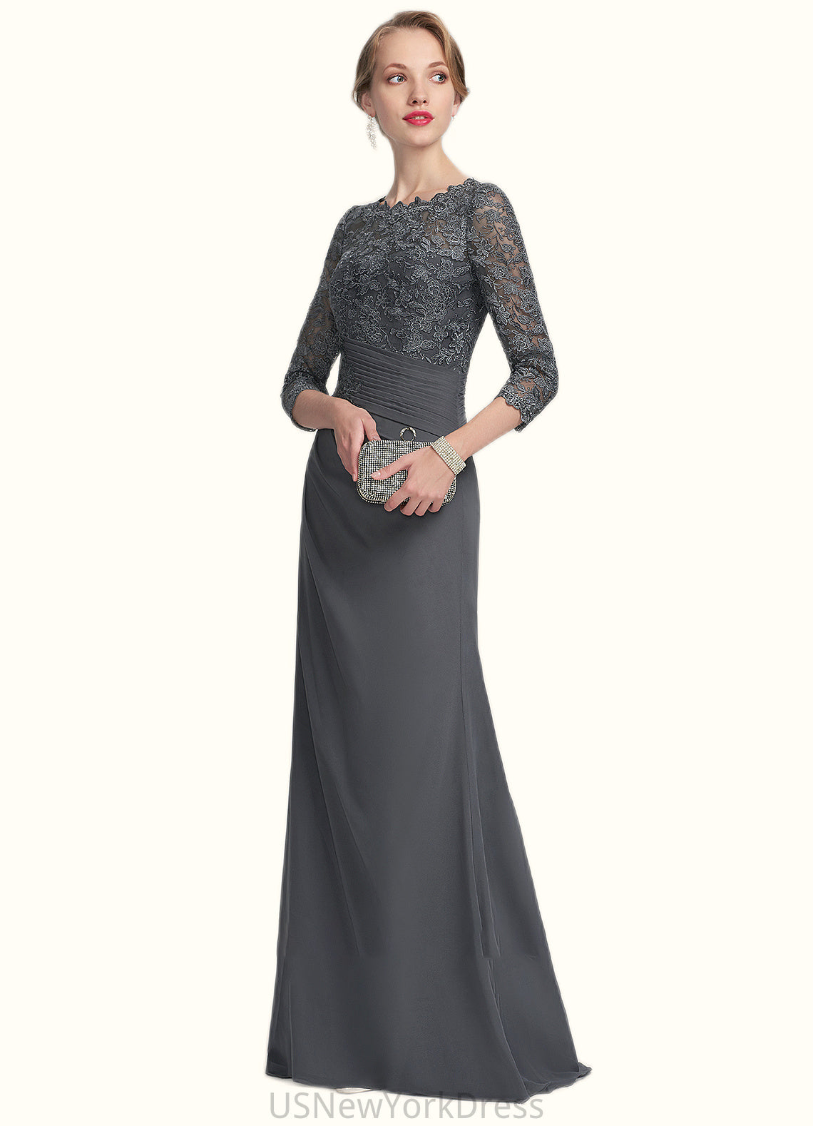 Yaretzi Sheath/Column Scoop Neck Floor-Length Chiffon Lace Mother of the Bride Dress With Ruffle DJ126P0014611