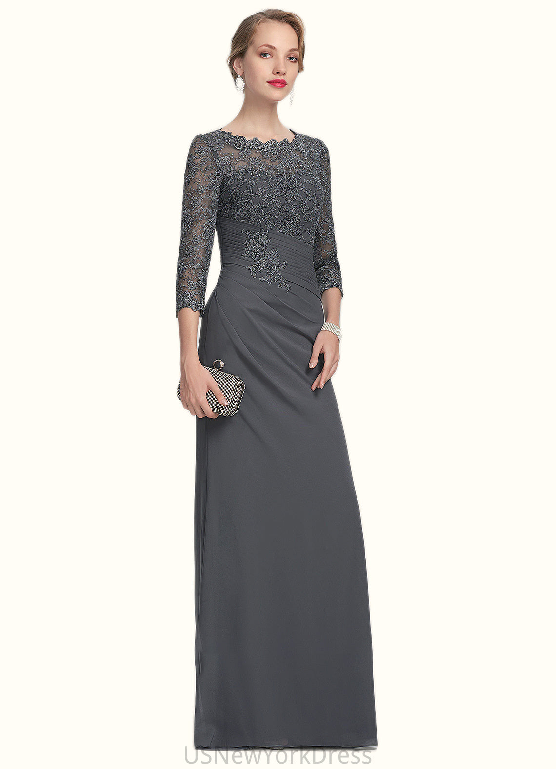 Yaretzi Sheath/Column Scoop Neck Floor-Length Chiffon Lace Mother of the Bride Dress With Ruffle DJ126P0014611