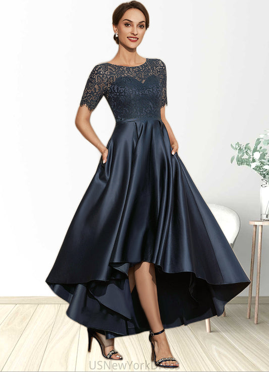 Adelaide A-Line Scoop Neck Asymmetrical Satin Lace Mother of the Bride Dress With Pockets DJ126P0014613