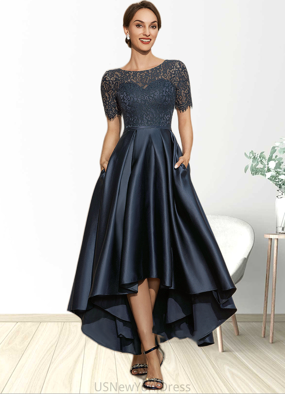 Adelaide A-Line Scoop Neck Asymmetrical Satin Lace Mother of the Bride Dress With Pockets DJ126P0014613