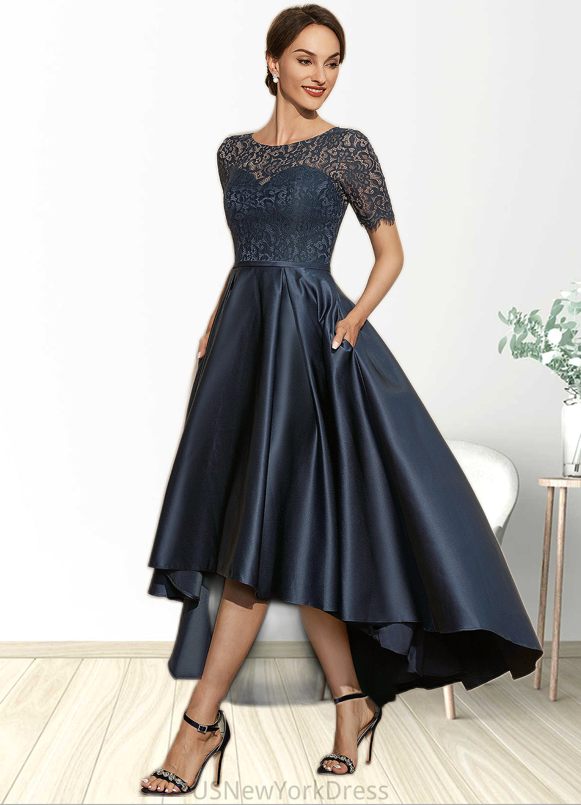 Adelaide A-Line Scoop Neck Asymmetrical Satin Lace Mother of the Bride Dress With Pockets DJ126P0014613