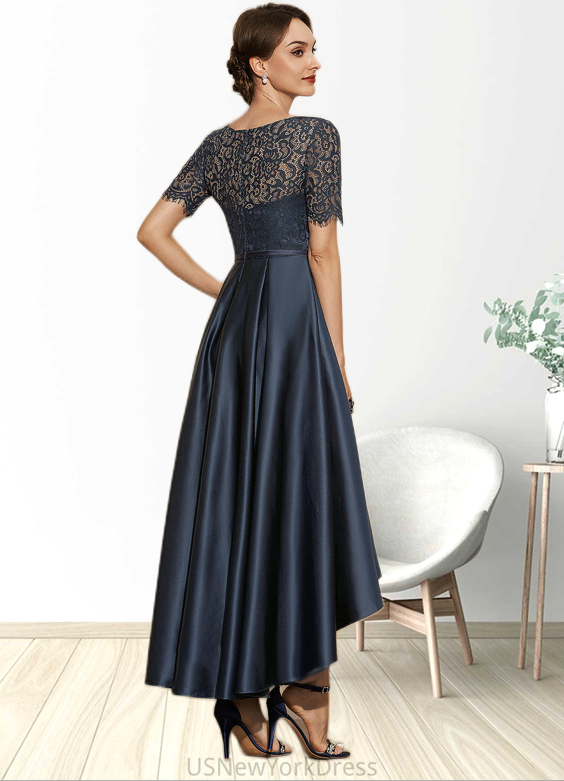 Adelaide A-Line Scoop Neck Asymmetrical Satin Lace Mother of the Bride Dress With Pockets DJ126P0014613