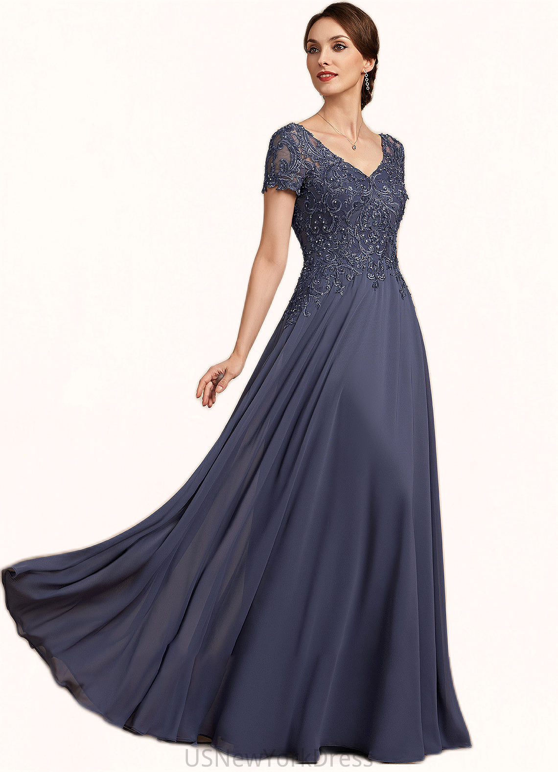 Michelle A-line V-Neck Floor-Length Chiffon Lace Mother of the Bride Dress With Beading Sequins DJ126P0014614