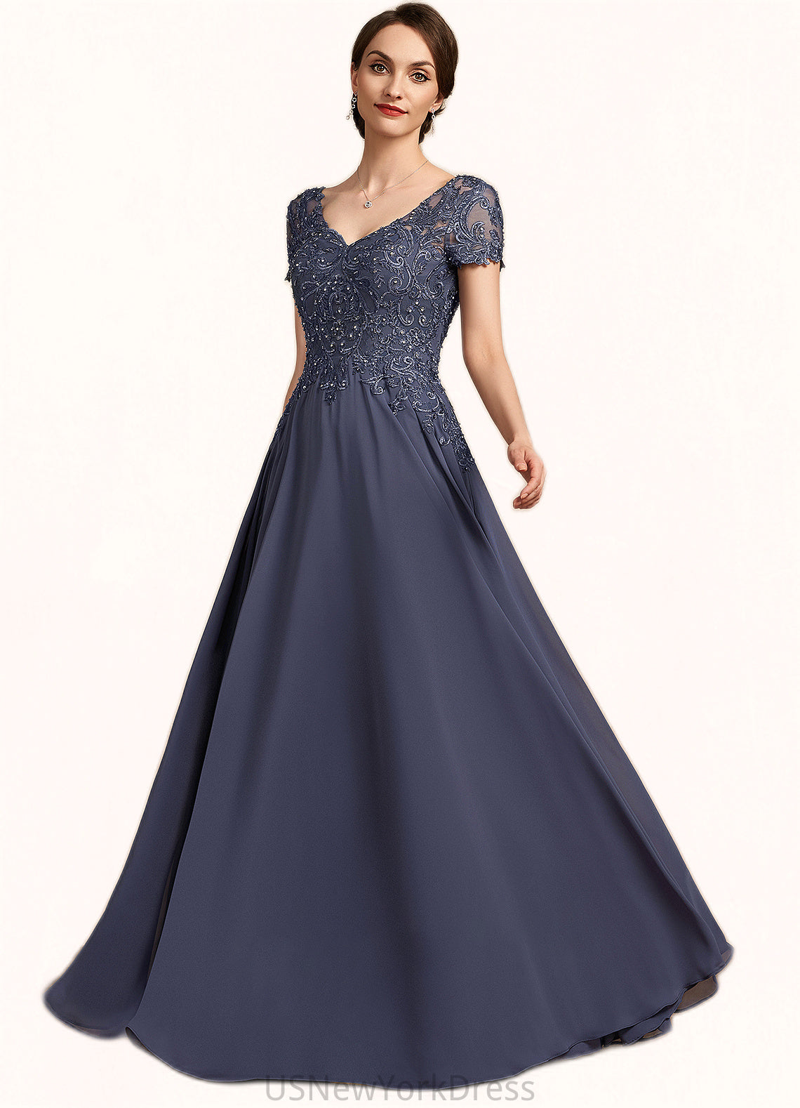 Michelle A-line V-Neck Floor-Length Chiffon Lace Mother of the Bride Dress With Beading Sequins DJ126P0014614