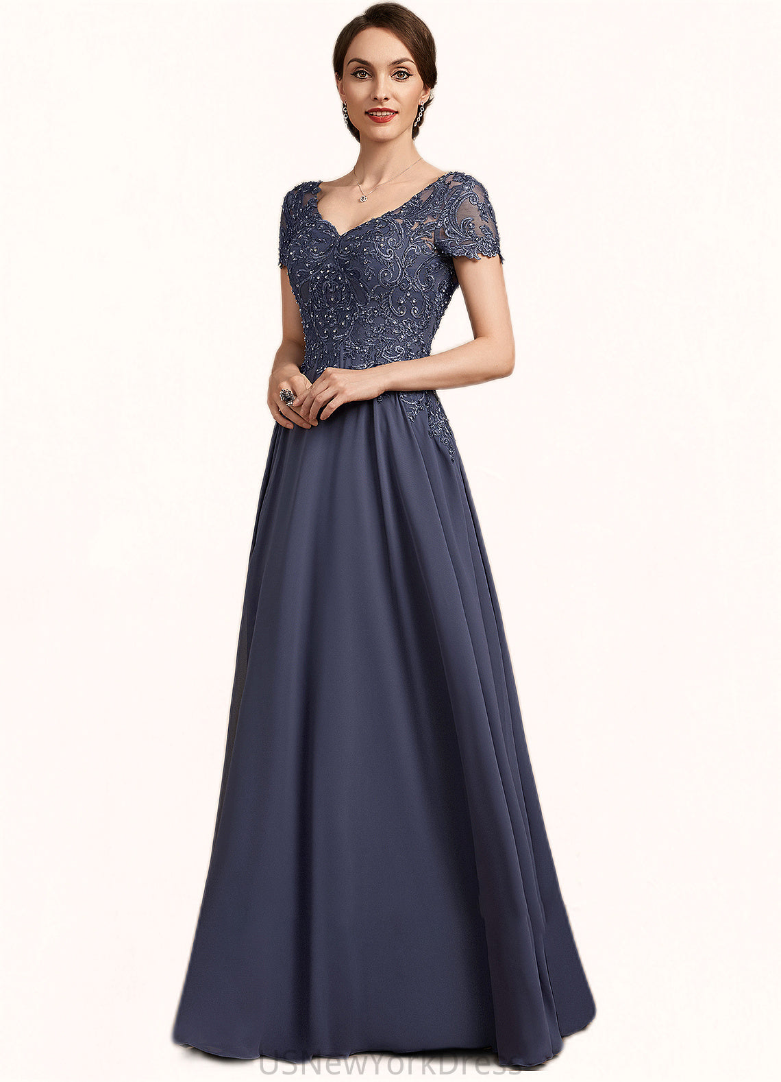 Michelle A-line V-Neck Floor-Length Chiffon Lace Mother of the Bride Dress With Beading Sequins DJ126P0014614