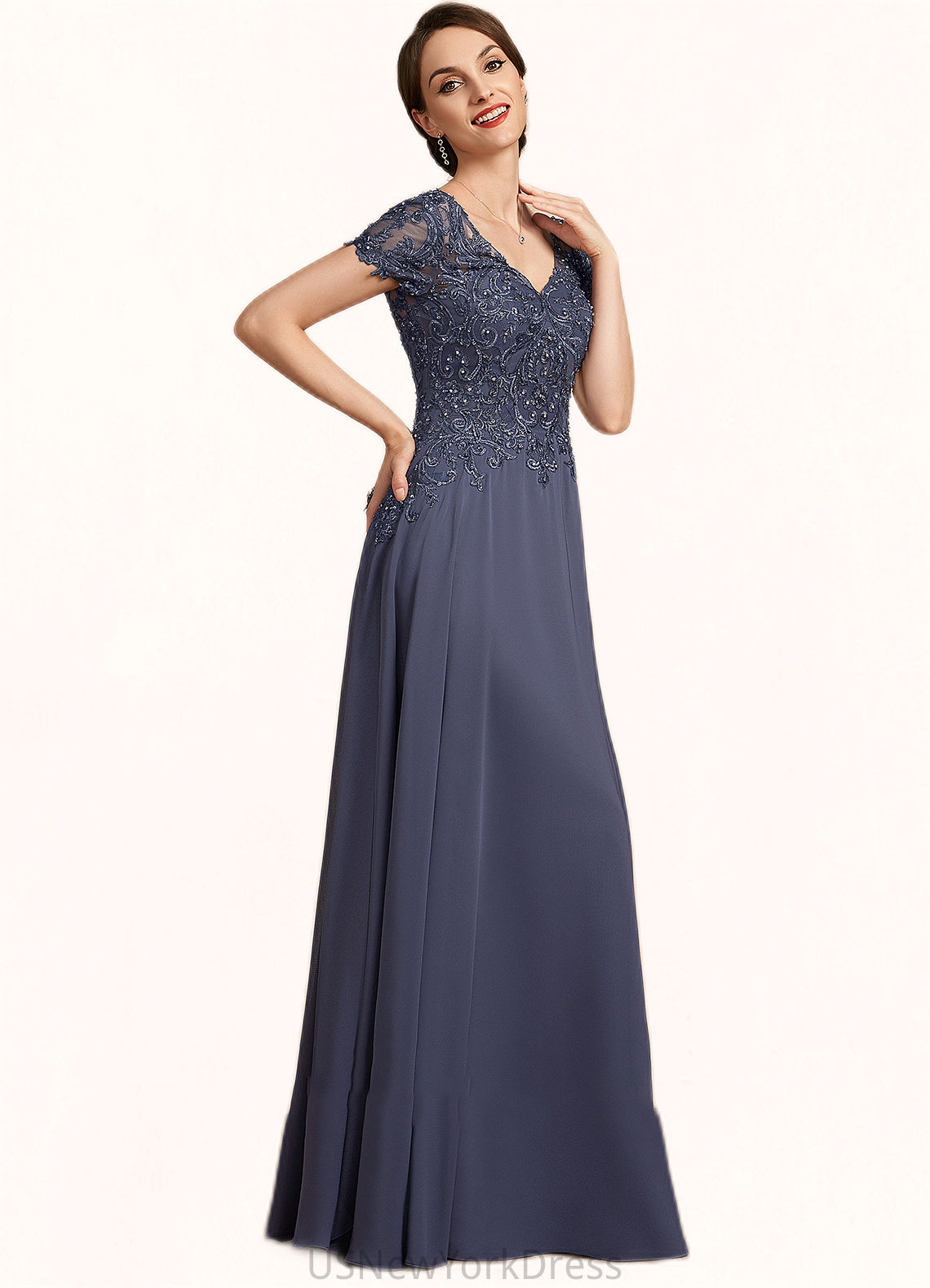 Michelle A-line V-Neck Floor-Length Chiffon Lace Mother of the Bride Dress With Beading Sequins DJ126P0014614