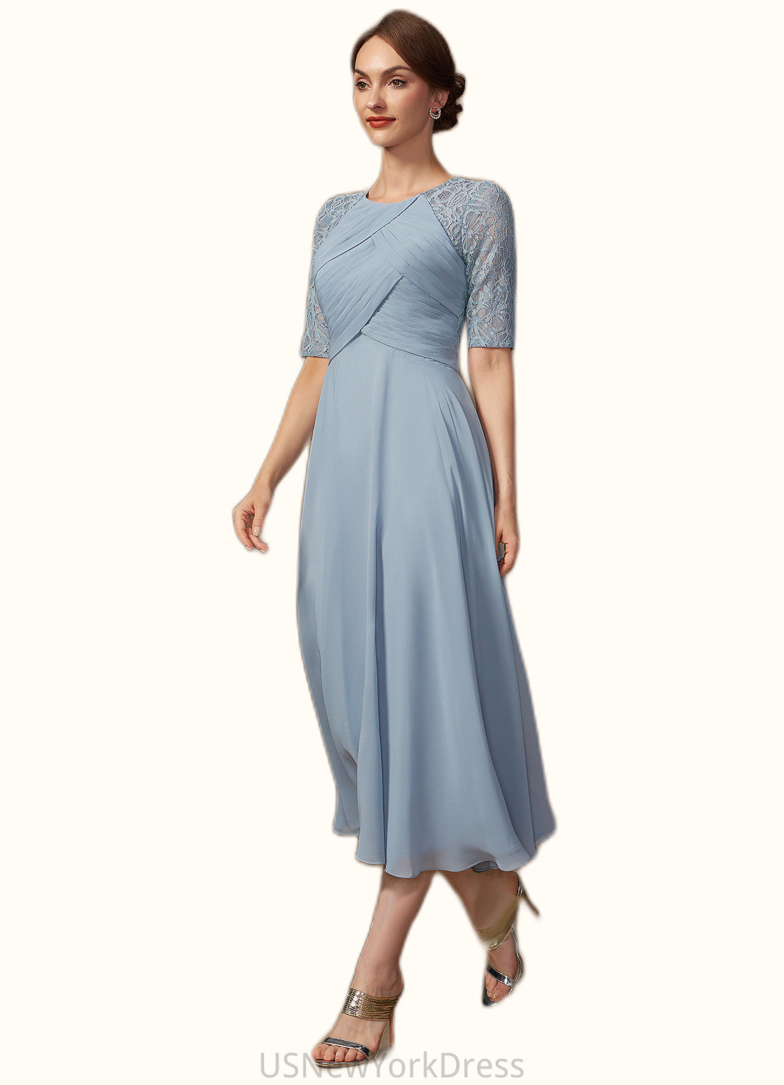 Kyleigh A-Line Scoop Neck Tea-Length Chiffon Lace Mother of the Bride Dress With Ruffle DJ126P0014616