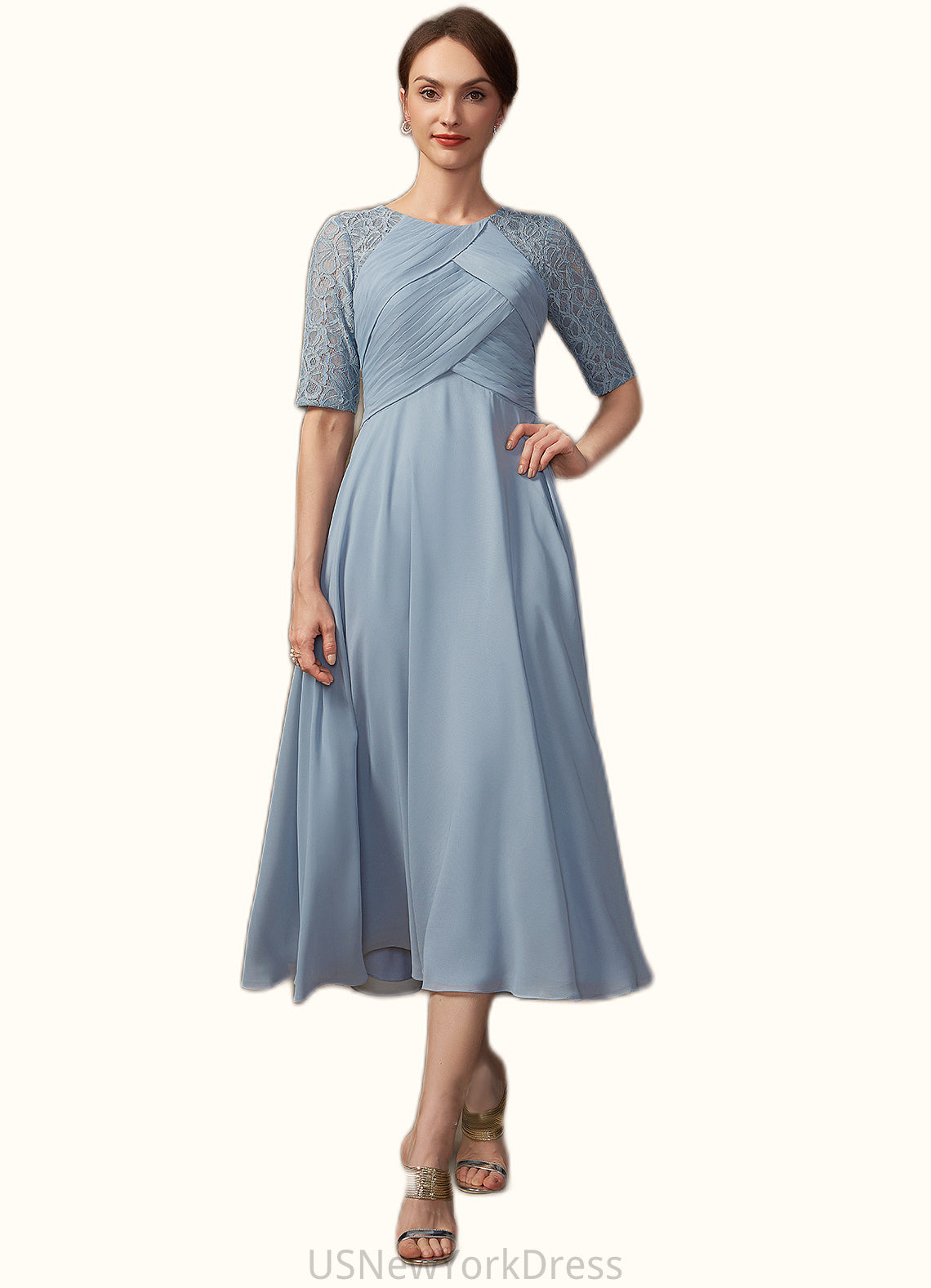 Kyleigh A-Line Scoop Neck Tea-Length Chiffon Lace Mother of the Bride Dress With Ruffle DJ126P0014616