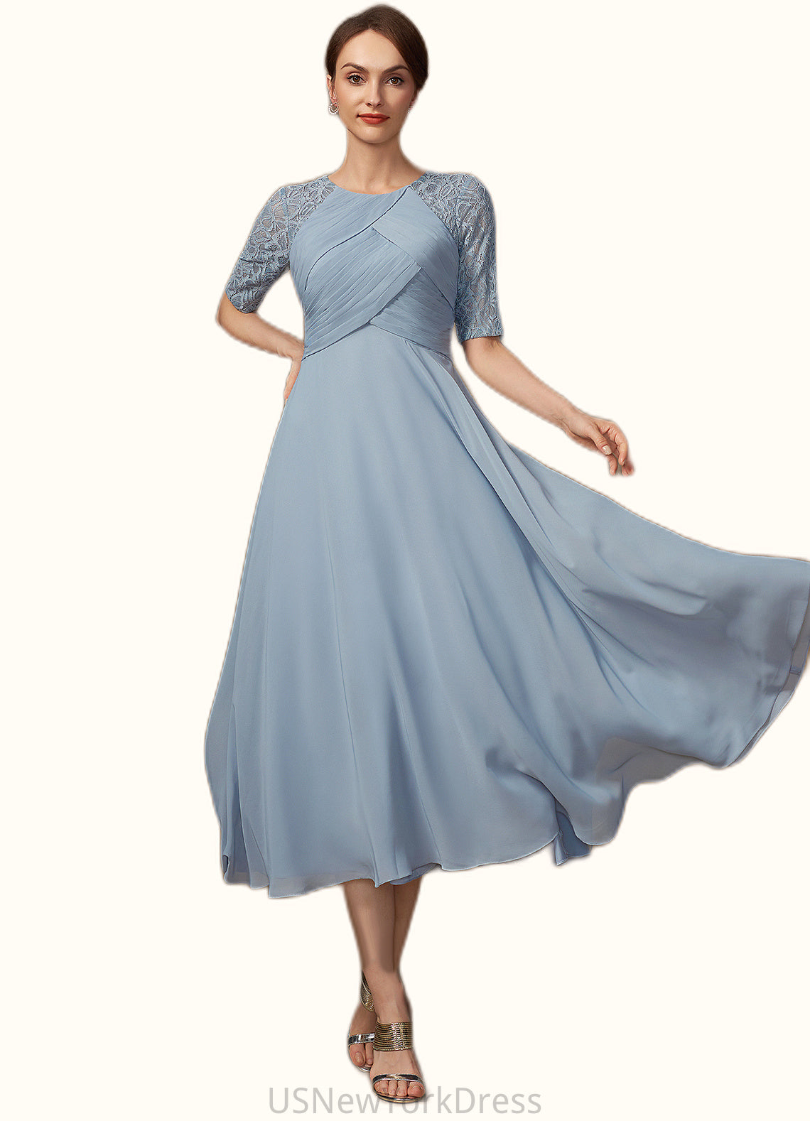 Kyleigh A-Line Scoop Neck Tea-Length Chiffon Lace Mother of the Bride Dress With Ruffle DJ126P0014616