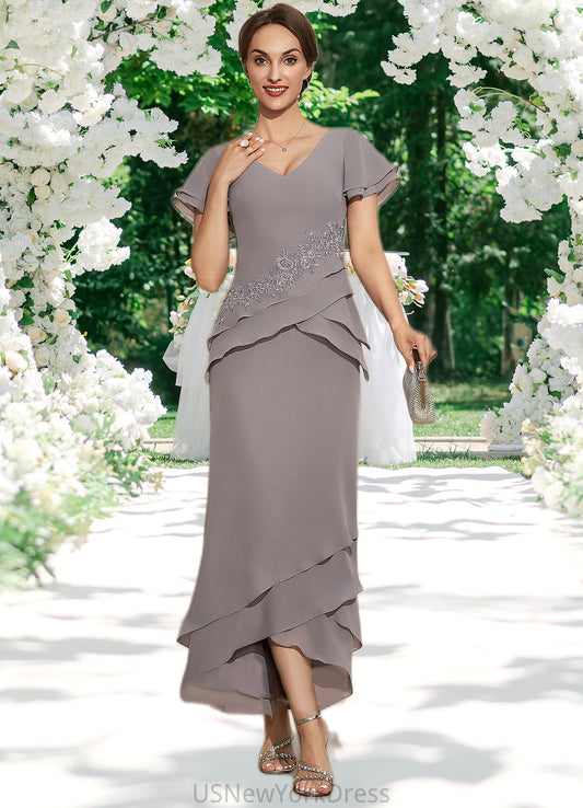 Jenna Sheath/Column V-neck Asymmetrical Chiffon Mother of the Bride Dress With Appliques Lace Cascading Ruffles DJ126P0014617