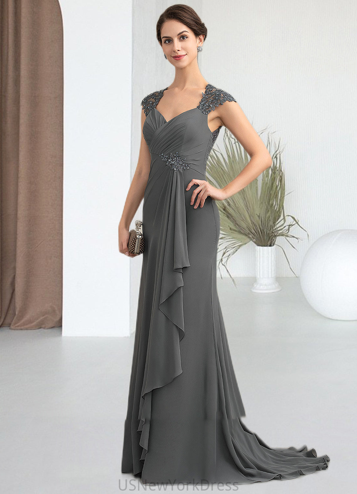 Alannah A-Line Sweetheart Sweep Train Chiffon Lace Mother of the Bride Dress With Beading Sequins DJ126P0014618