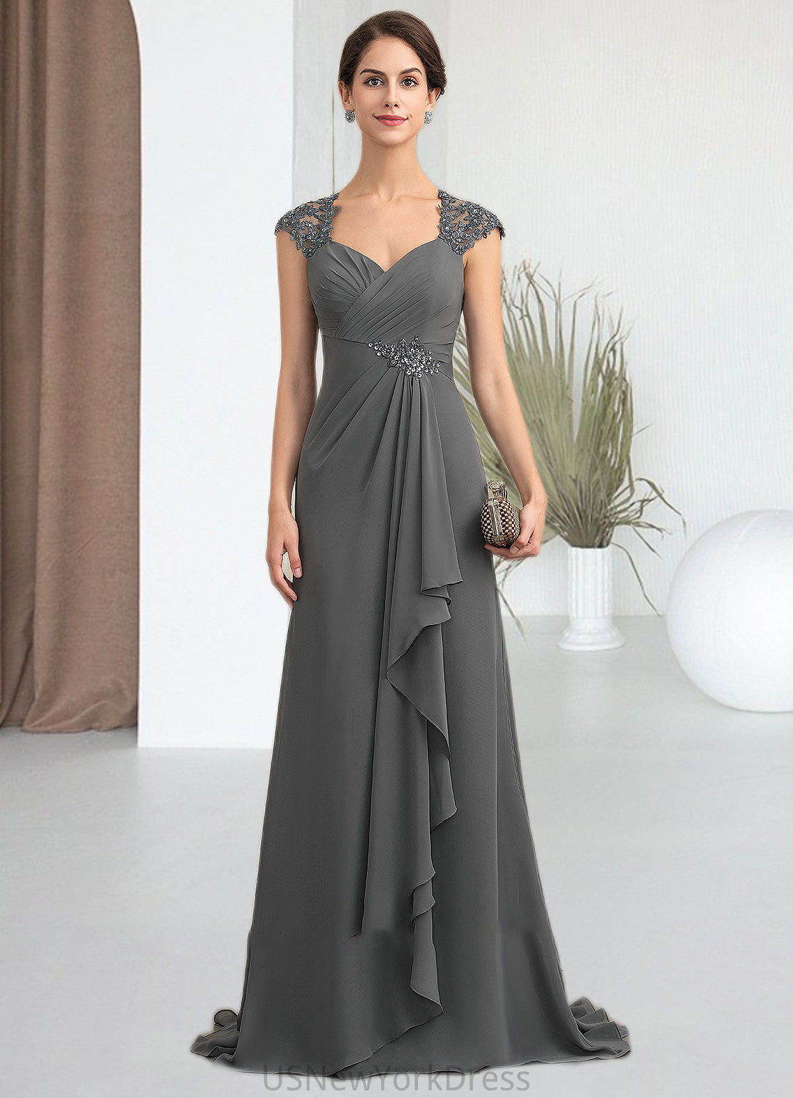 Alannah A-Line Sweetheart Sweep Train Chiffon Lace Mother of the Bride Dress With Beading Sequins DJ126P0014618