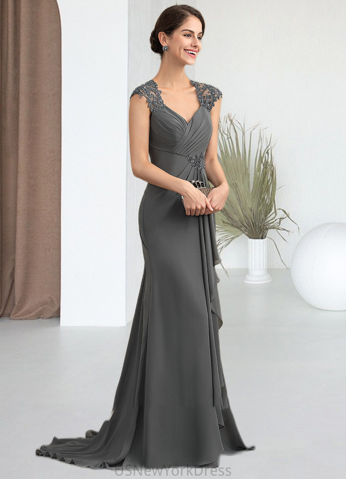 Alannah A-Line Sweetheart Sweep Train Chiffon Lace Mother of the Bride Dress With Beading Sequins DJ126P0014618