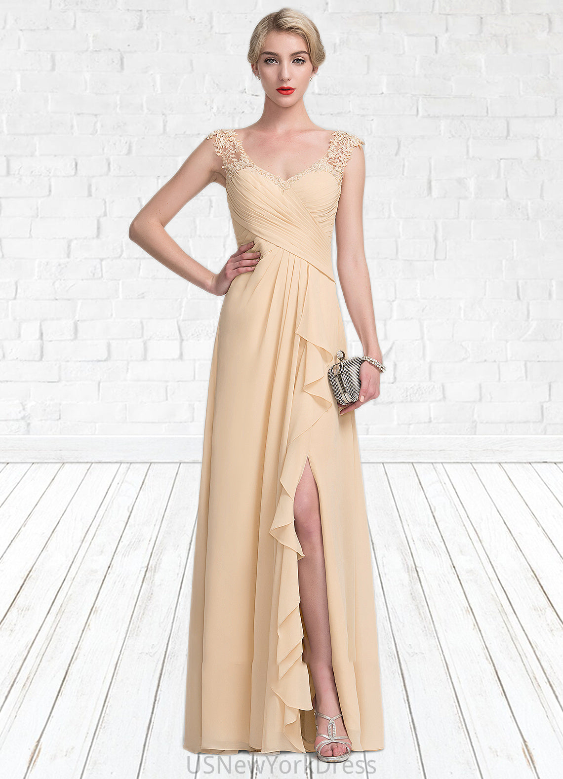 Halle A-Line V-neck Floor-Length Chiffon Lace Mother of the Bride Dress With Split Front Cascading Ruffles DJ126P0014619