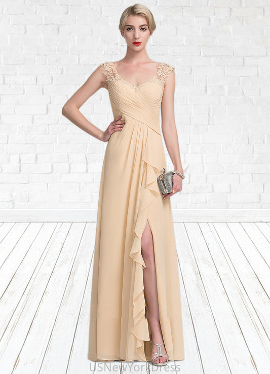 Halle A-Line V-neck Floor-Length Chiffon Lace Mother of the Bride Dress With Split Front Cascading Ruffles DJ126P0014619