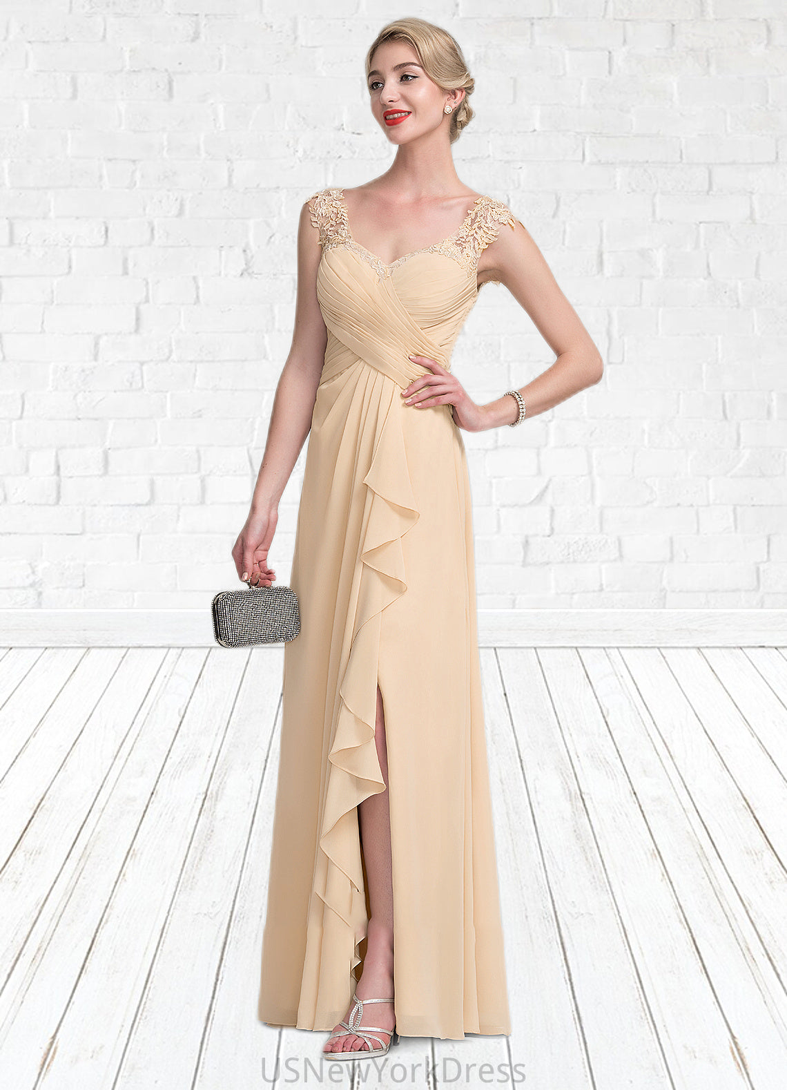 Halle A-Line V-neck Floor-Length Chiffon Lace Mother of the Bride Dress With Split Front Cascading Ruffles DJ126P0014619