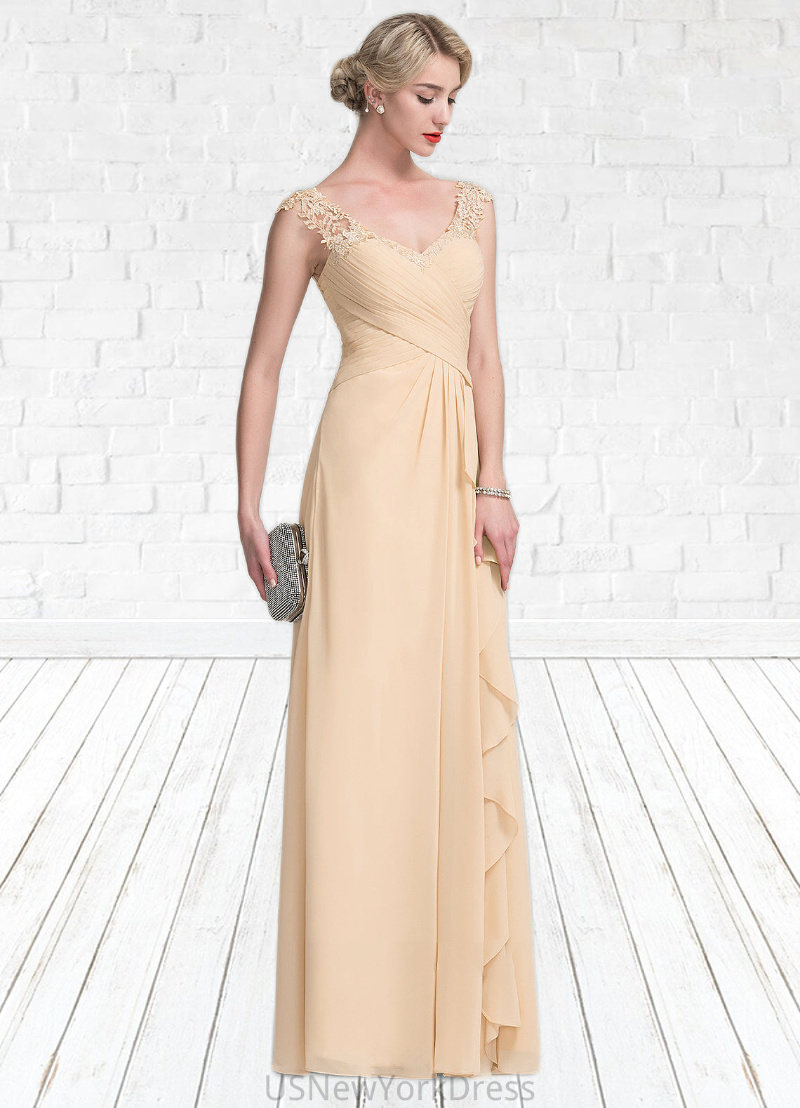 Halle A-Line V-neck Floor-Length Chiffon Lace Mother of the Bride Dress With Split Front Cascading Ruffles DJ126P0014619