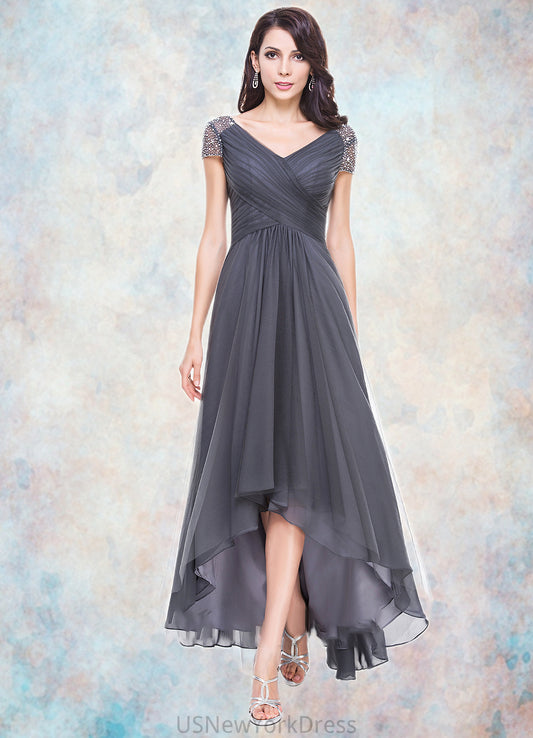 Allie A-Line V-neck Asymmetrical Tulle Mother of the Bride Dress With Ruffle Beading Sequins DJ126P0014620