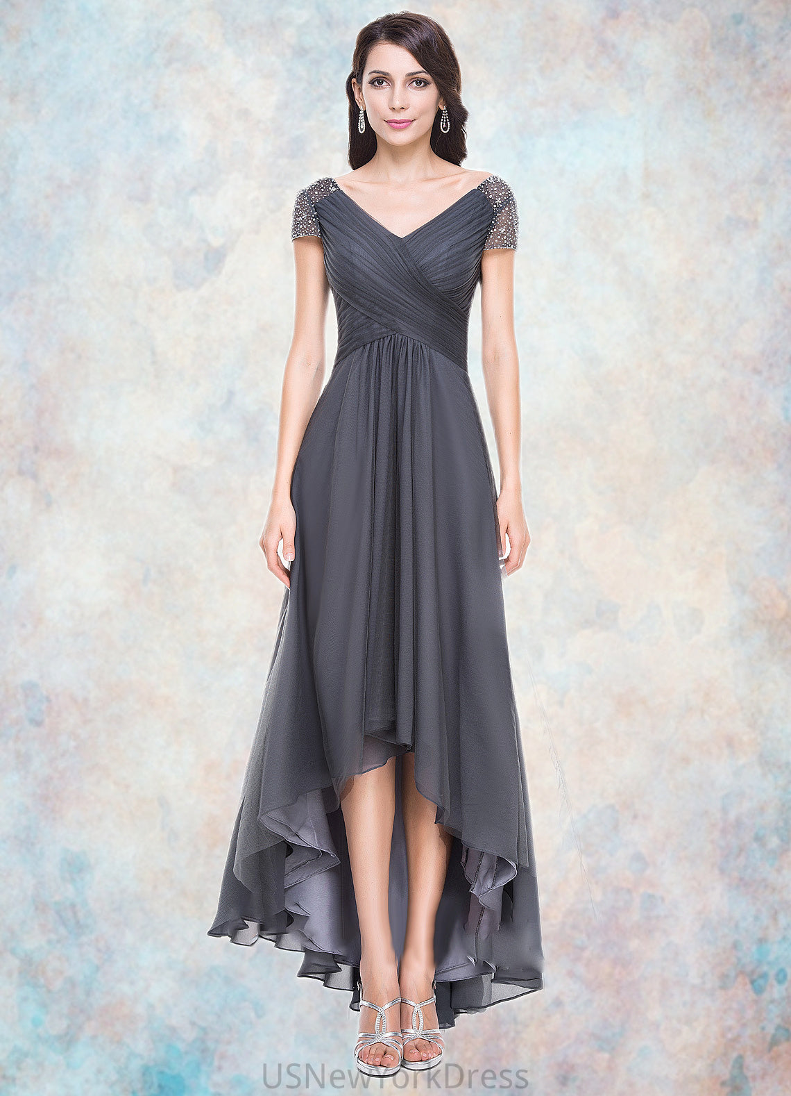 Allie A-Line V-neck Asymmetrical Tulle Mother of the Bride Dress With Ruffle Beading Sequins DJ126P0014620