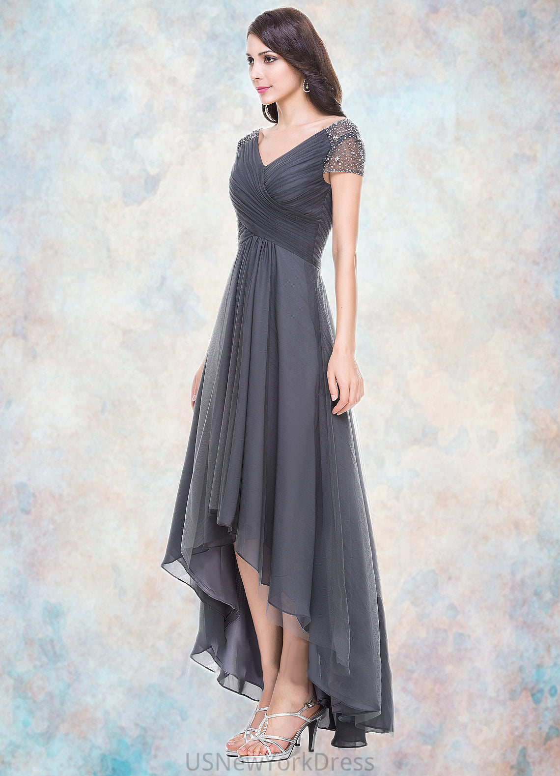 Allie A-Line V-neck Asymmetrical Tulle Mother of the Bride Dress With Ruffle Beading Sequins DJ126P0014620