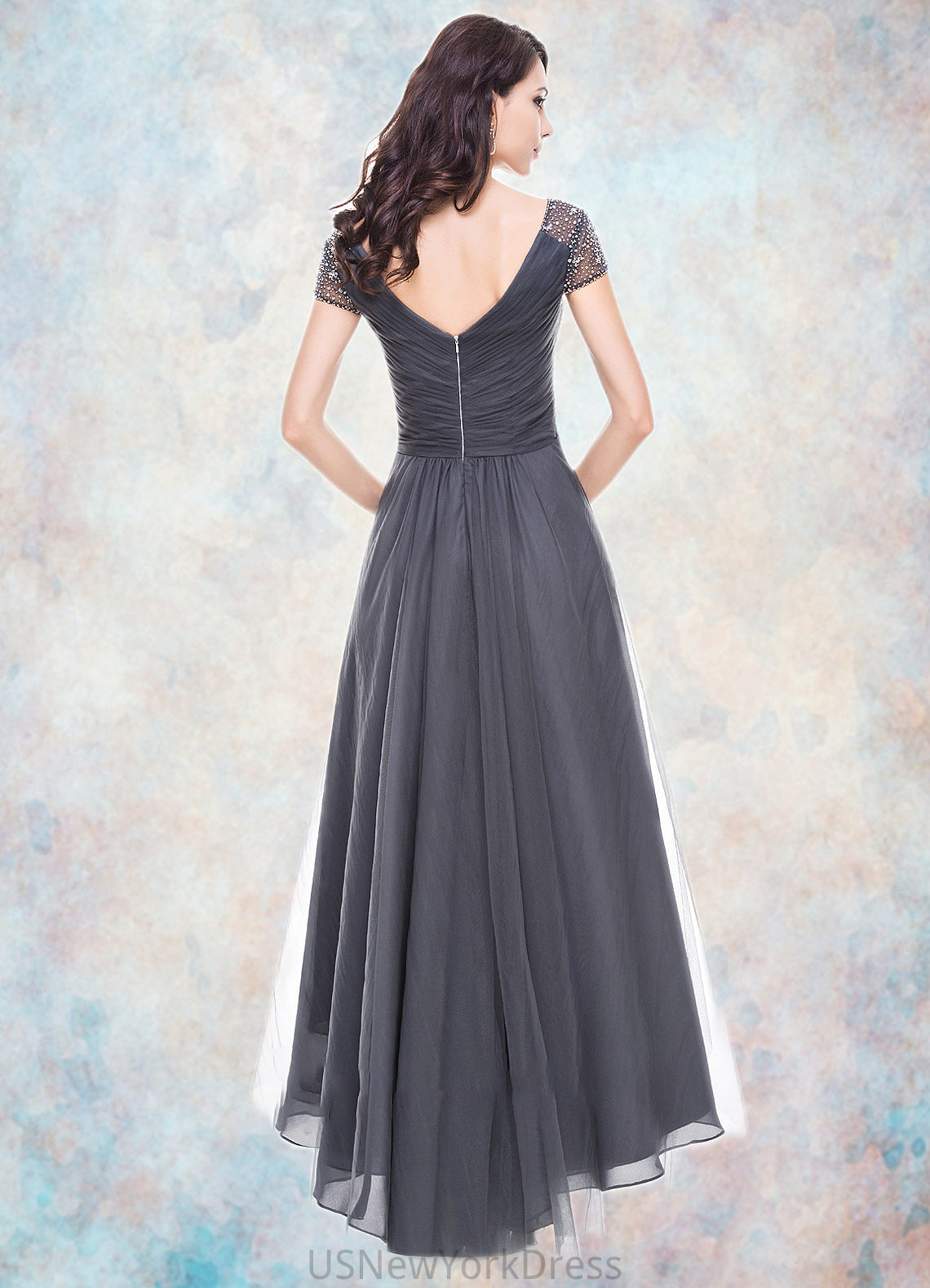 Allie A-Line V-neck Asymmetrical Tulle Mother of the Bride Dress With Ruffle Beading Sequins DJ126P0014620