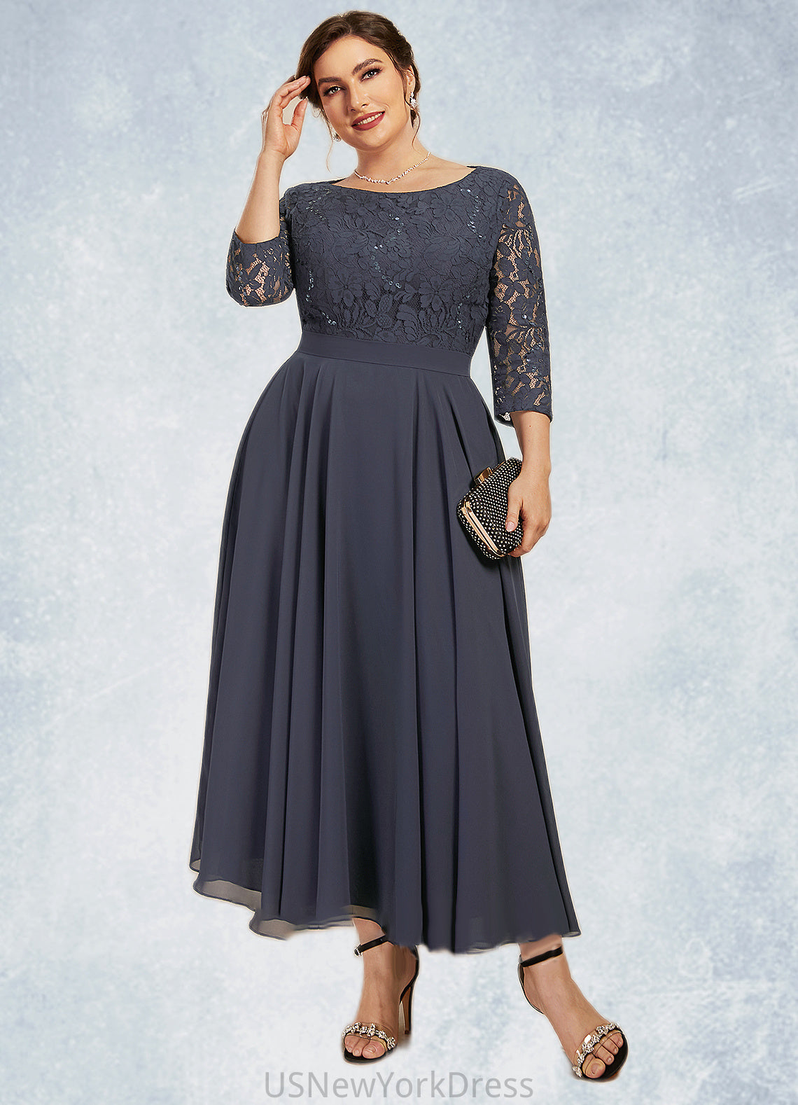 Lydia A-Line Scoop Neck Tea-Length Chiffon Lace Mother of the Bride Dress With Sequins DJ126P0014621