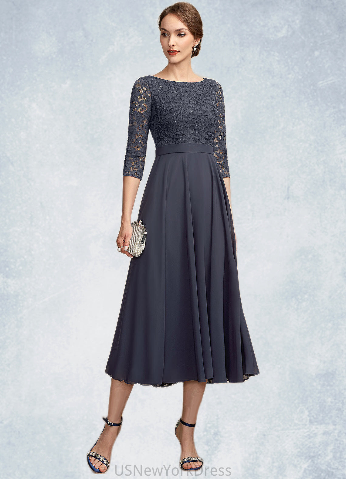 Lydia A-Line Scoop Neck Tea-Length Chiffon Lace Mother of the Bride Dress With Sequins DJ126P0014621