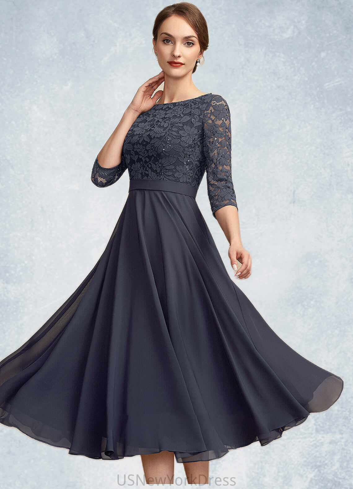 Lydia A-Line Scoop Neck Tea-Length Chiffon Lace Mother of the Bride Dress With Sequins DJ126P0014621