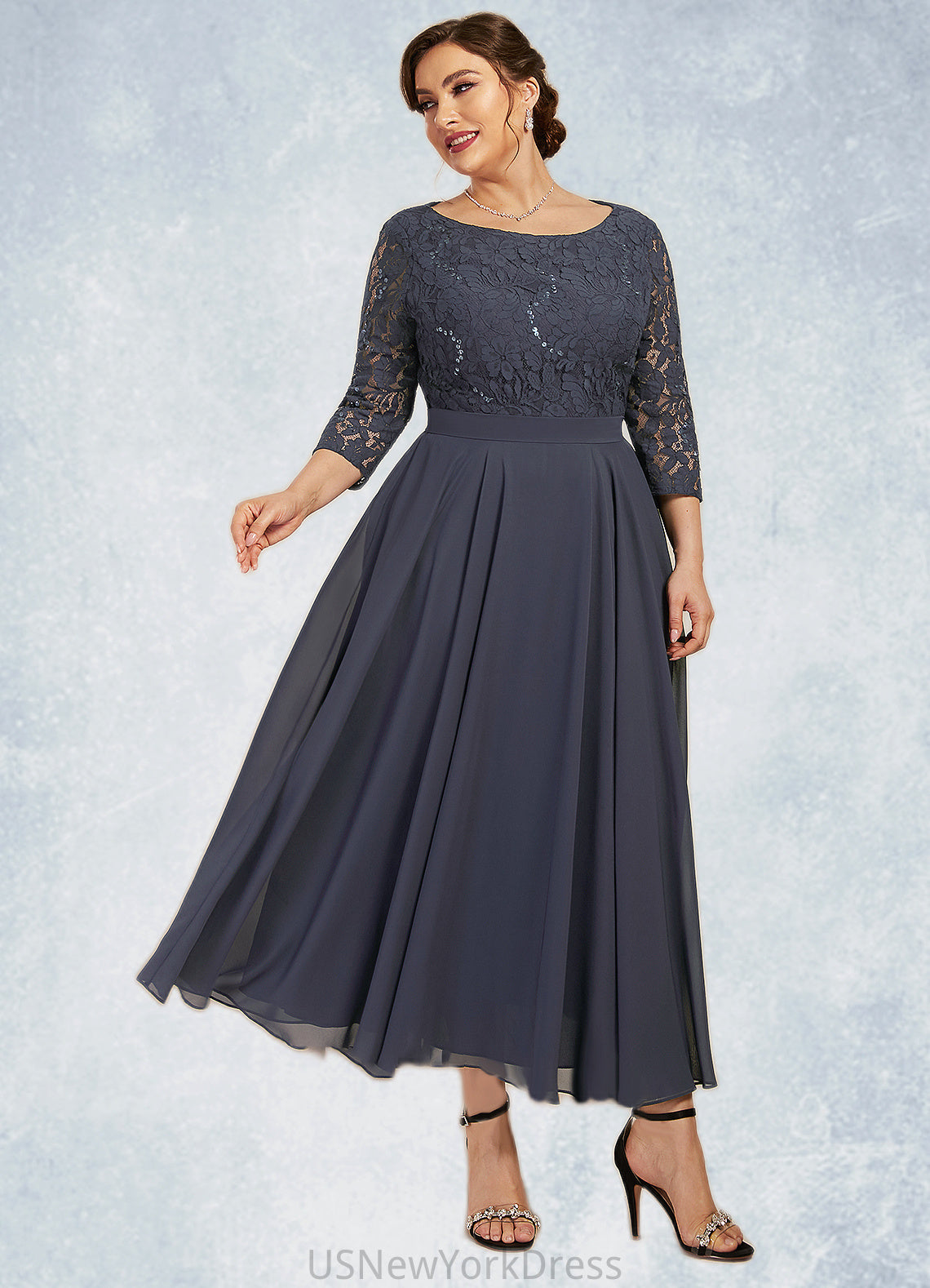 Lydia A-Line Scoop Neck Tea-Length Chiffon Lace Mother of the Bride Dress With Sequins DJ126P0014621