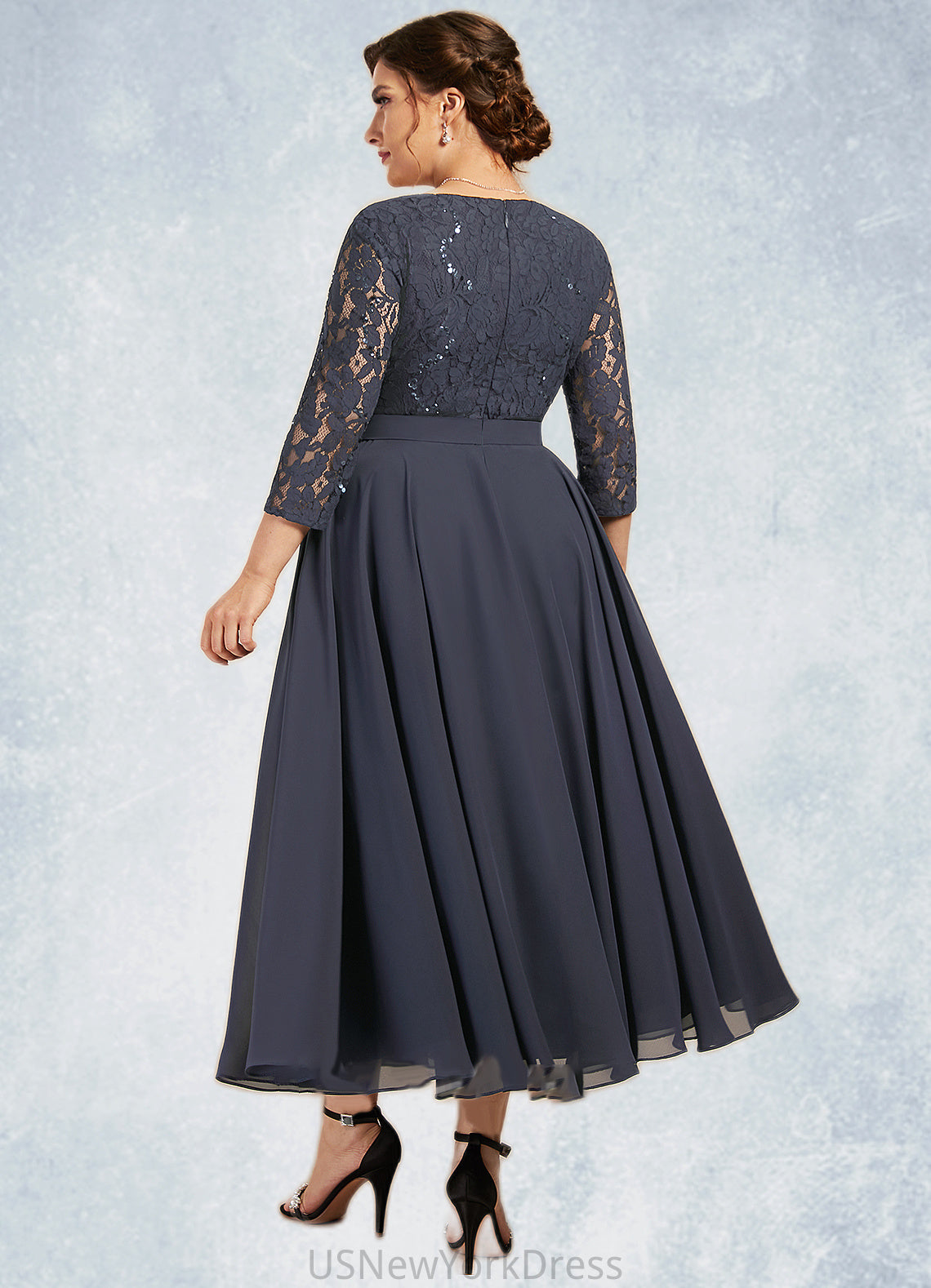 Lydia A-Line Scoop Neck Tea-Length Chiffon Lace Mother of the Bride Dress With Sequins DJ126P0014621