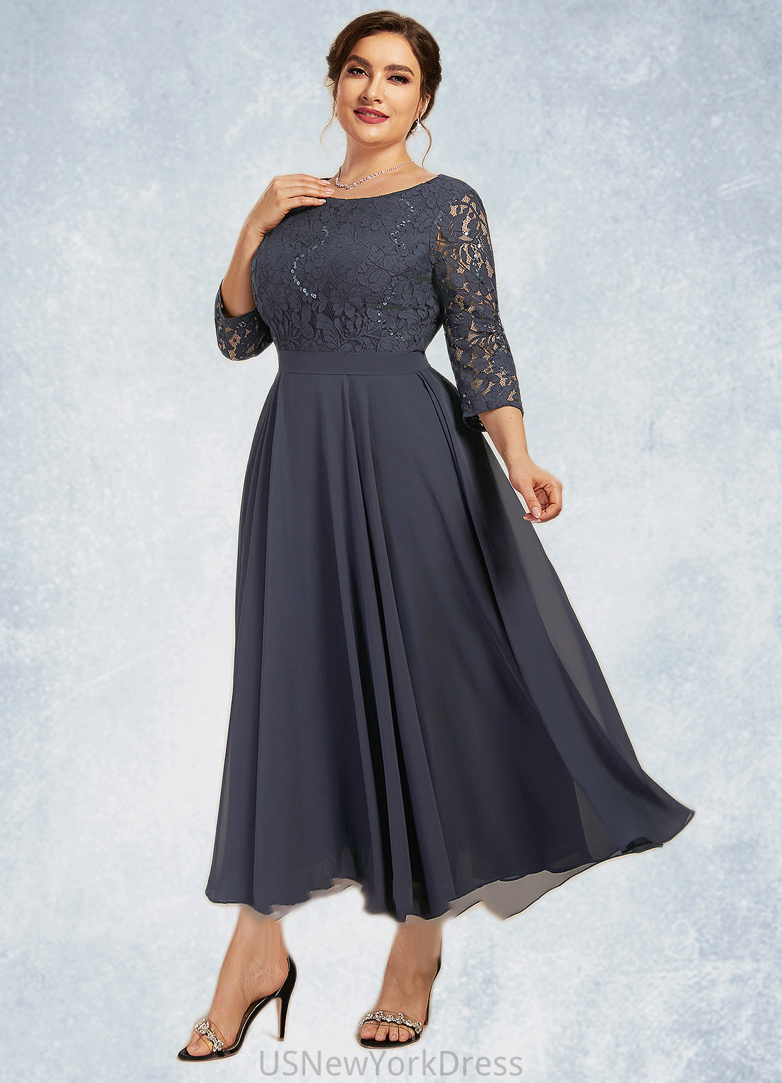 Lydia A-Line Scoop Neck Tea-Length Chiffon Lace Mother of the Bride Dress With Sequins DJ126P0014621