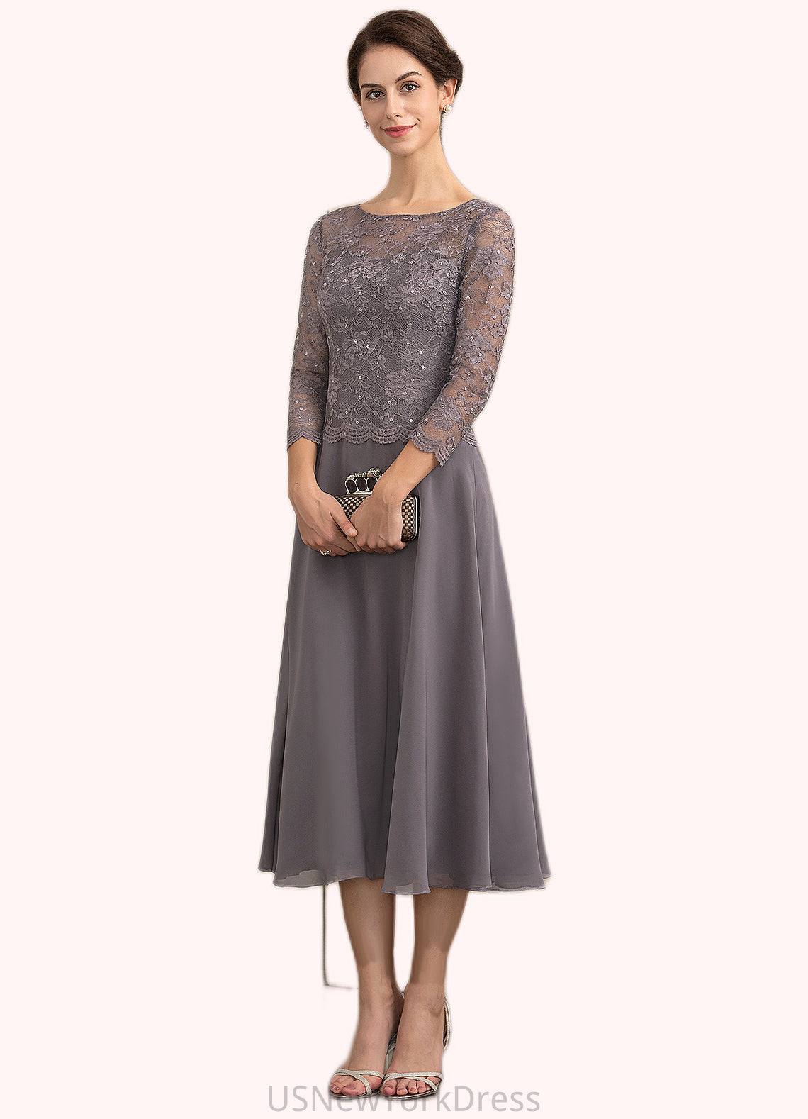 Shayla A-Line Scoop Neck Tea-Length Chiffon Lace Mother of the Bride Dress With Sequins DJ126P0014622