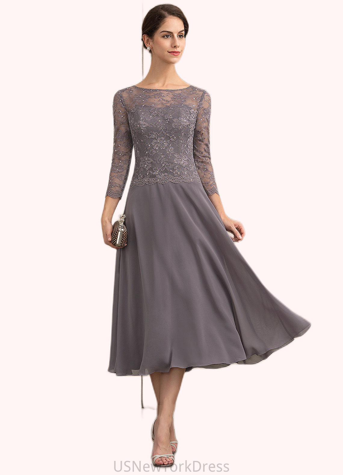 Shayla A-Line Scoop Neck Tea-Length Chiffon Lace Mother of the Bride Dress With Sequins DJ126P0014622