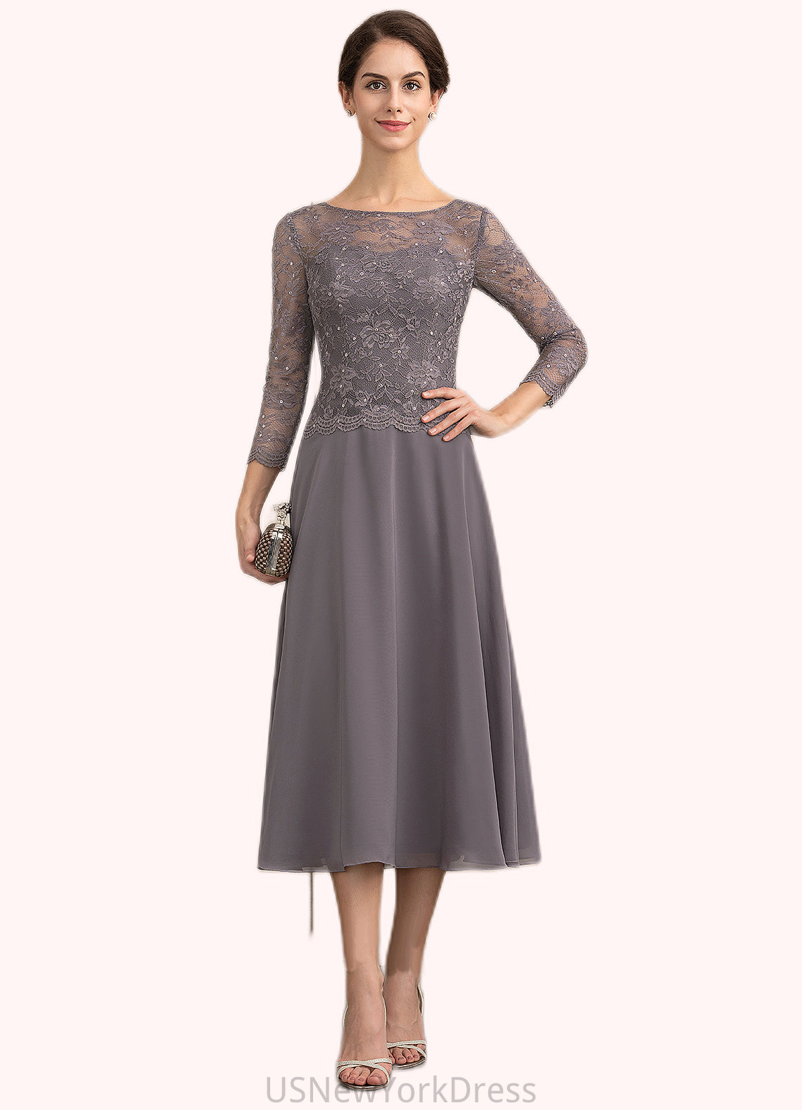 Shayla A-Line Scoop Neck Tea-Length Chiffon Lace Mother of the Bride Dress With Sequins DJ126P0014622