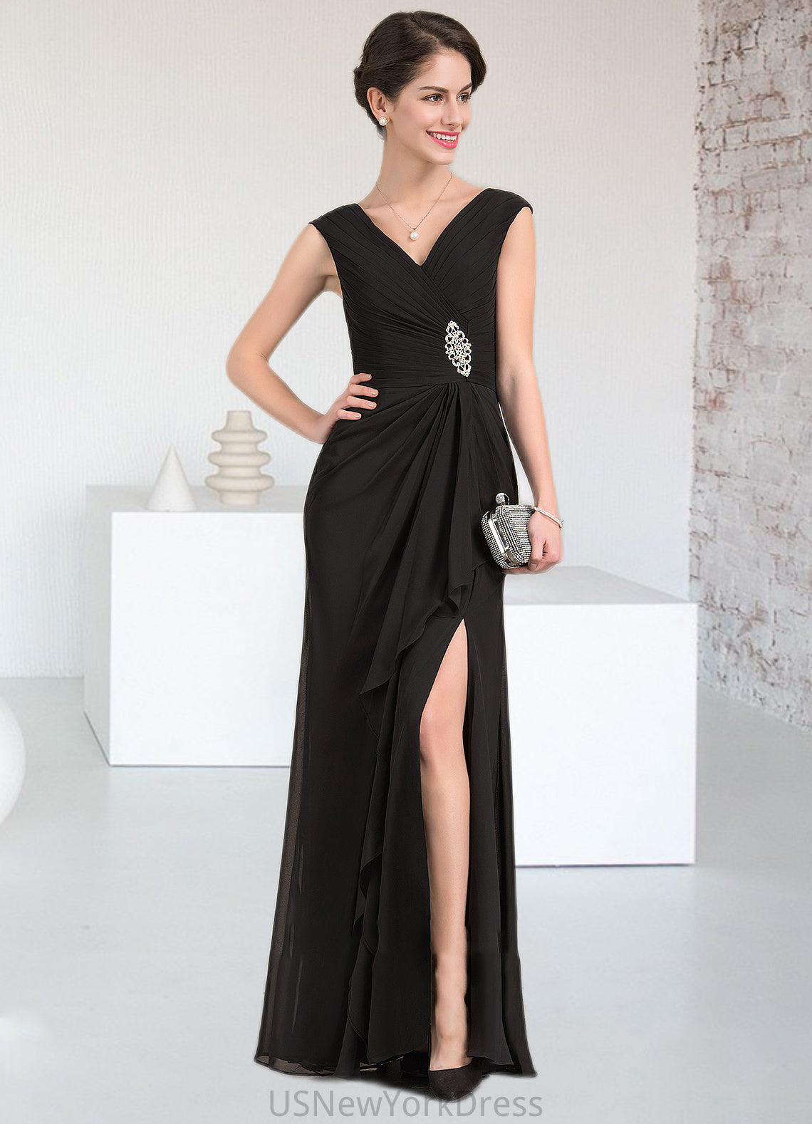 Micah A-Line V-neck Floor-Length Chiffon Mother of the Bride Dress With Beading Split Front Cascading Ruffles DJ126P0014623