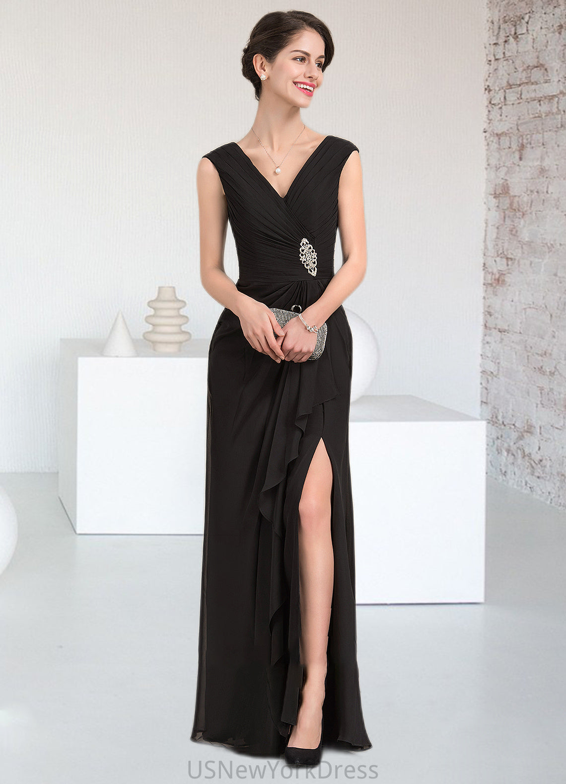 Micah A-Line V-neck Floor-Length Chiffon Mother of the Bride Dress With Beading Split Front Cascading Ruffles DJ126P0014623