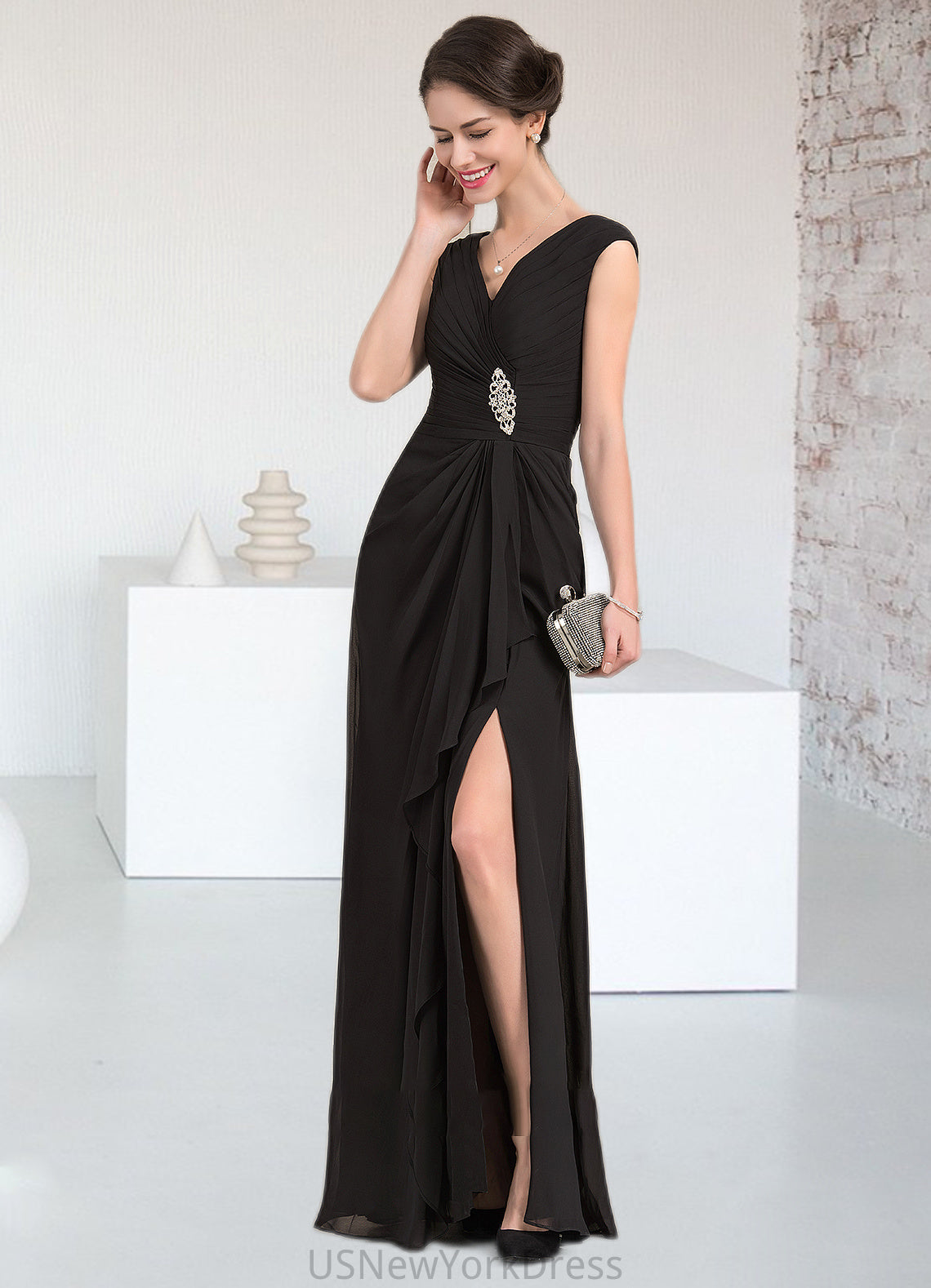 Micah A-Line V-neck Floor-Length Chiffon Mother of the Bride Dress With Beading Split Front Cascading Ruffles DJ126P0014623