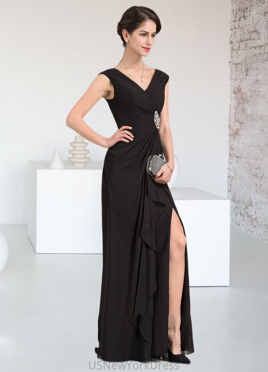 Micah A-Line V-neck Floor-Length Chiffon Mother of the Bride Dress With Beading Split Front Cascading Ruffles DJ126P0014623